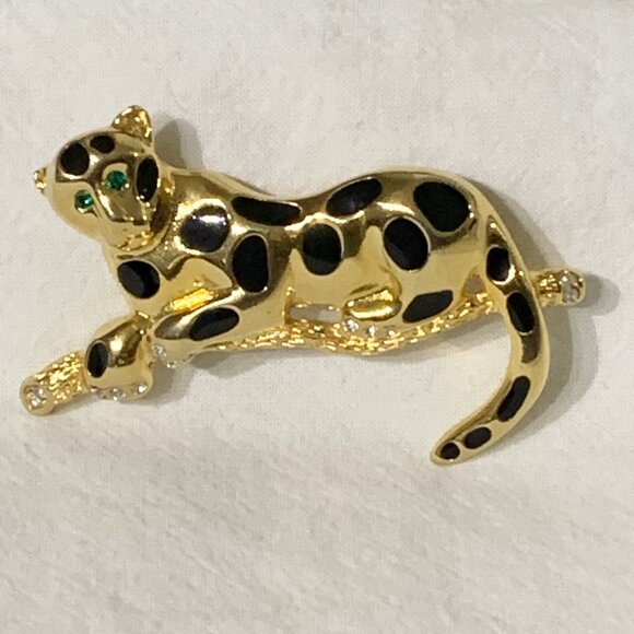 VTG 80s Panther Leopard Brooch Pin Gold Tone Black Enamel Rhinestone Cat Jewelry - Picture 1 of 6